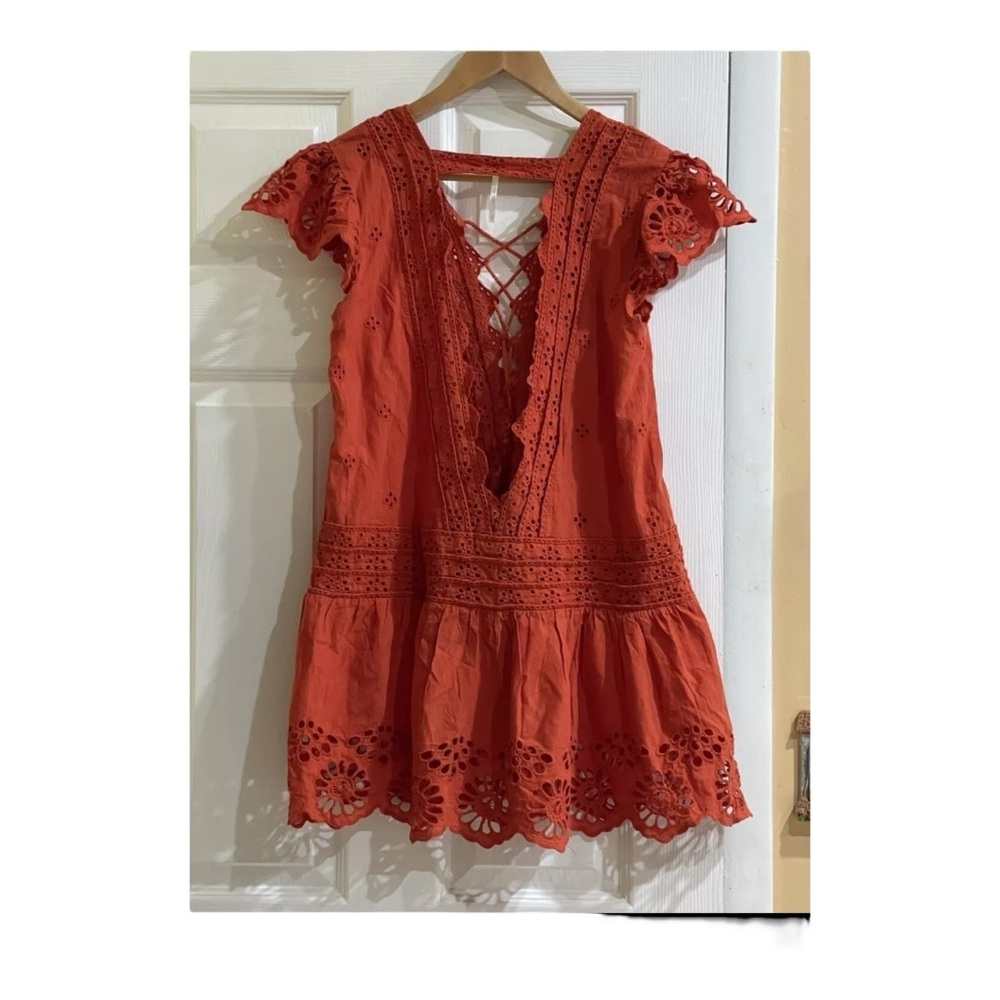 Free People Orange Esperanza Eyelet Boho Flowy Lace-Up Mini Dress Size XS - Picture 5 of 8